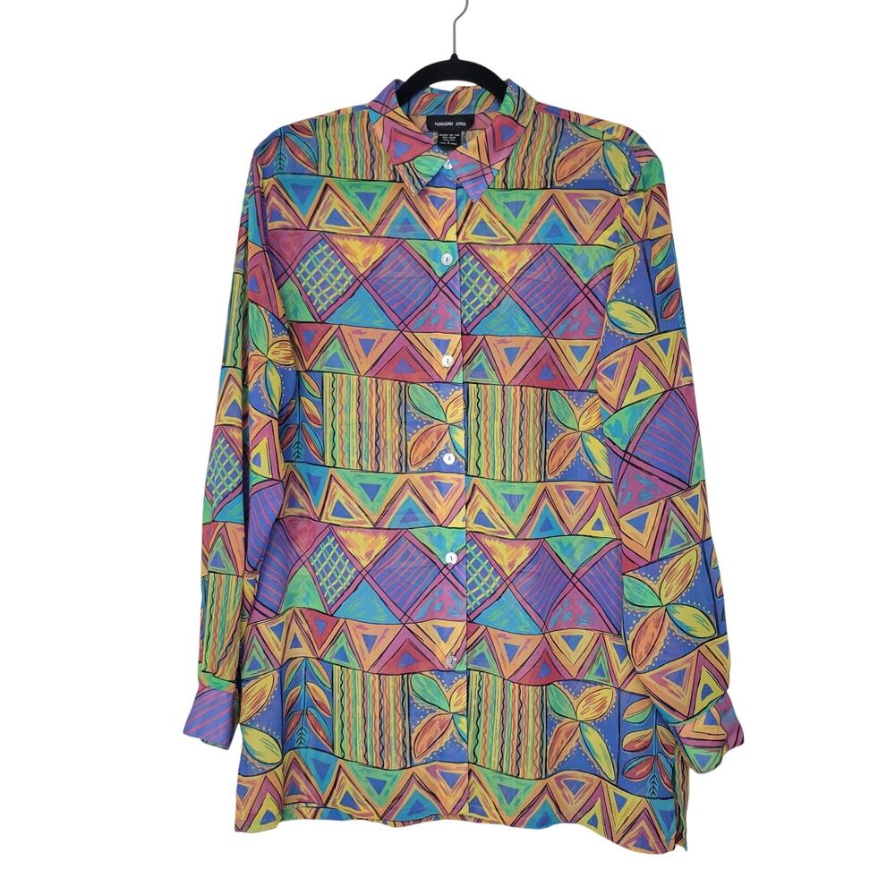 Morgan Cole Button Up Womens Large 100% Silk Sheer Geometric Art Teacher Artsy